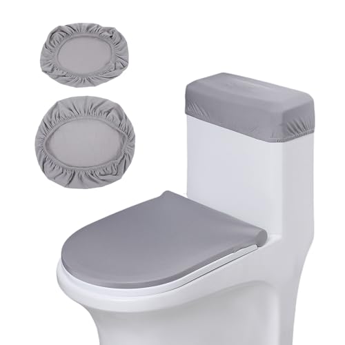 MYLERCT Funda para Tapa de Inodoro Set, Poliéster Cubierta de Inodoro, Elástico Lavable Funda Inodoro, Gris Oscuro, Cubierta Antipolvo para Tanque de Inodoro, para Tapa de Inodoro y Tapa de Tanque