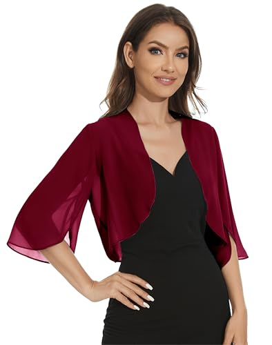 Image of Womens Chiffon 3 /4 Sleeve Shrugs Lightweight Open Front Cropped Cardigan for Dress