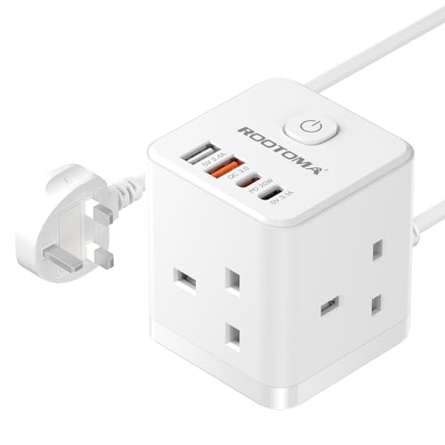 Extension Lead with USB Slots - 20W USB-C Fast Charger 3 Way Plug Extension with 4 USB (QC3.0/PD20W), Compact Cube Extension Lead for Home, Office, Dorm Room, 2M, 13A/3250W