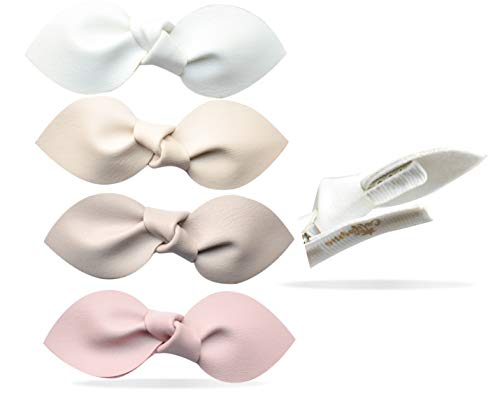 4 Non-Slip Faux Leather Bow Hair Clips – Fully Lined Alligator Clips for Baby, Toddler, and Girls – Hair Accessories – Organic Neutral Color Set...
