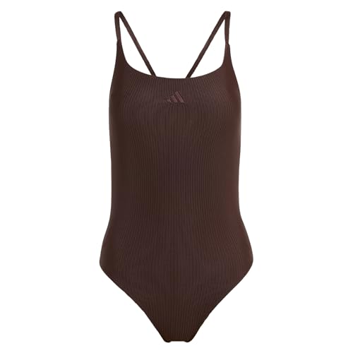 adidas Women's ICONISEA Ribbed Padded Thin Straps Swimsuit, Aurora Coffee, 38
