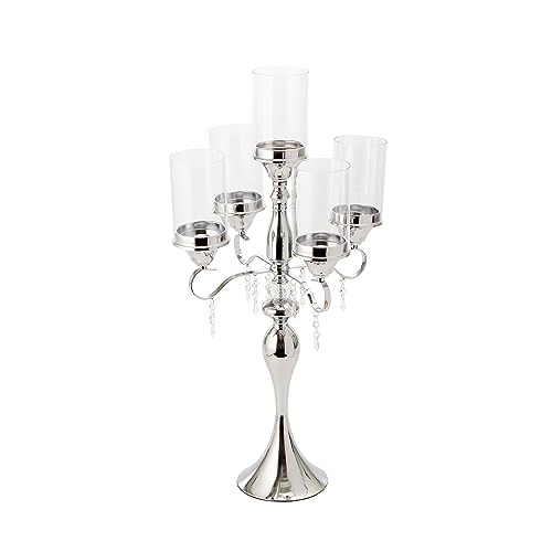 74-0302 Silky Silk 5 Arm Metal Cylinder Candle Holder with Crystal Beads| Wedding & Home Decor centerpieces | Candelabra | Room Accents. (15.5