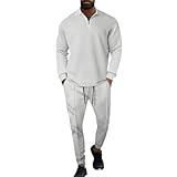 Generisch Chándal para hombre con patrón de gofre texturizado - Chándal de dos piezas con cuello Troyer | Traje moderno para el hogar y el ocio, Style_m02 gris, M
