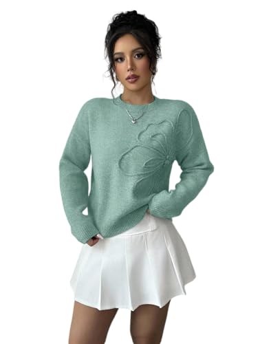 Image of Verdusa Women's Spring 3D Flower Appliques Crewneck Sweaters Long Sleeve Drop Shoulder Pullovers Knit Going Out Tops