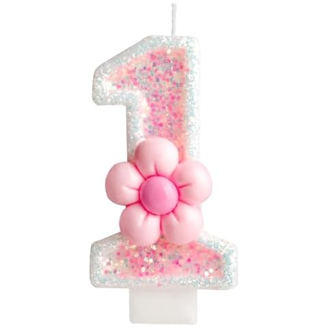Zi Lan Birthday Candle for Girl, Pink Gerbera Daisy Flower 1st Birthday Party Decorations, Number 1 Cake Candle, Pink Sequin Birthday Cake Toppers for Baby Shower Anniversary Party Celebration supplie Cover