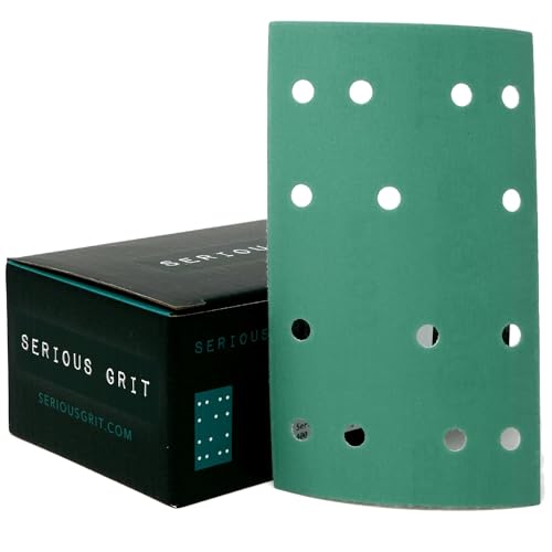 Image of Serious Grit - 3 inch x 5 inch (80x133mm) 14-Hole P600 Grit Sandpaper - 50 Pack Box | Fits Festool RTS 400 & Mirka DEOS 353 - Heavy-Duty Hook & Loop Wet /Dry Film Sanding Sheets for Doors, Cabinetry, Paint, etc