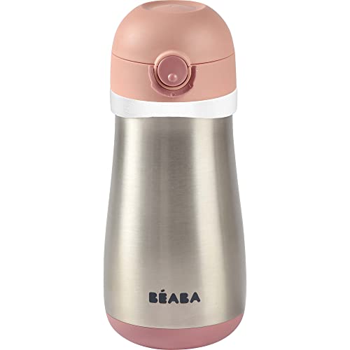 BEABA Kids Stainless Steel Insulated Water Bottle, Kids Water Bottle, Toddler Thermos with Spill Proof Spout and Close Top, Perfect for Travel, (Rose)