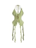 WDIRARA Women's 3D Flower Tie Front Ruffle Trim Halter Top Tie Backless Camisole Green Large