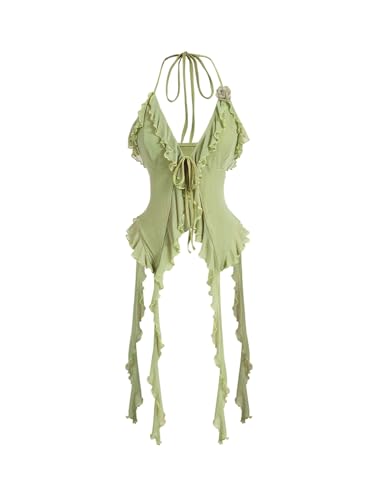 WDIRARA Womens 3D Flower Tie Front Ruffle Trim Halter Top Tie Backless Camisole Green Large