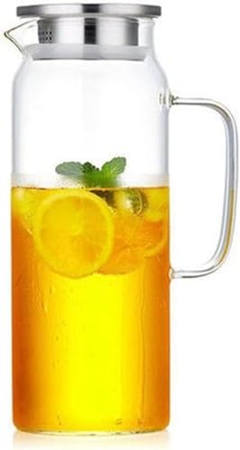 SoolKool 1.5L 冷水筒 ガラスポット 耐熱冷水筒 ガラスピッチャー ケトル 麦茶 透明ティー ジャグ 大容量 熱湯消毒可能 耐熱 直火 ステンレス蓋 ステンレス茶こし付きジャグ おしゃれきれい水差し 冷蔵庫 ポット 家庭 お店用 (1.5L)