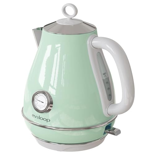 Evoloop Electric Tea Kettle, 1500W /1.7 Liter Hot Water Boiler Heater Pot, Retro Electric Kettle with Thermometer, Auto Shut-Off & Boil-Dry Protection, BPA Free,Stainless Steel Teapot