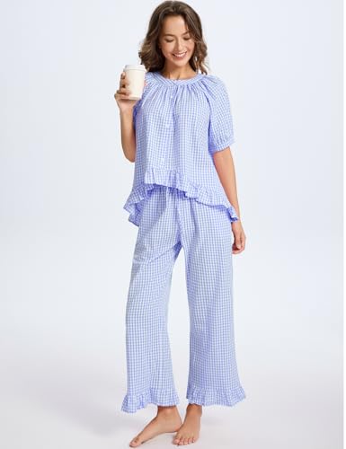 Image of Gihuo Gingham Pajama Set for Women 2 Piece Plaid Cotton Button Down Top and Pants Ruffle Babydoll Pjs Lounge Sets