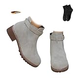 Botas de tobillo retro con hebilla plana para mujer, de ante para otoño e invierno, tacón bajo, punta puntiaguda, botines cortos gruesos, informales, cómodos, zapatos de oficina para caminar, Gray, 36