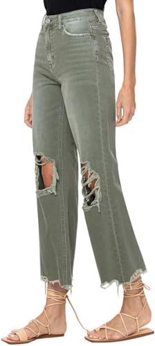 VERVET by Flying Monkey Distressed Cropped Flare Jeans Olive High-Waist2
