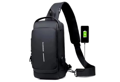 Bolsa Transversal Masculina Antifurto Impermeável com Cadeado e USB Mochila de Peito Pochete Crossbody Shoulder Bag Compacta para Trabalho Dia a Dia Academia Uso Urbano Seguro (Preto)