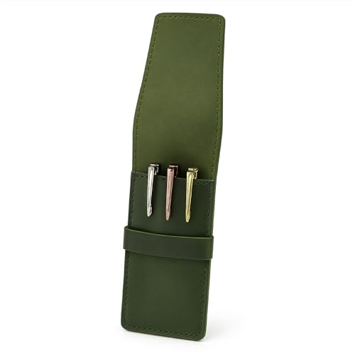 Image of Leather Pen Holder, Genuine 3 Pen Case with Tuck-in Flap, Green Leather Case for Fountain, Ballpoint & Rollerball Pens, Travel Organizer, Luxury Executive Pen Storage Sleeve (3 Pen, Green)