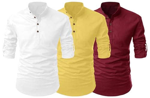 Image of FINIVO FASHION Combo of Men's Cotton Blend Solid Regular Fit Full Sleeve Straight Short Kurta Shirt, Casual and Formal Wear