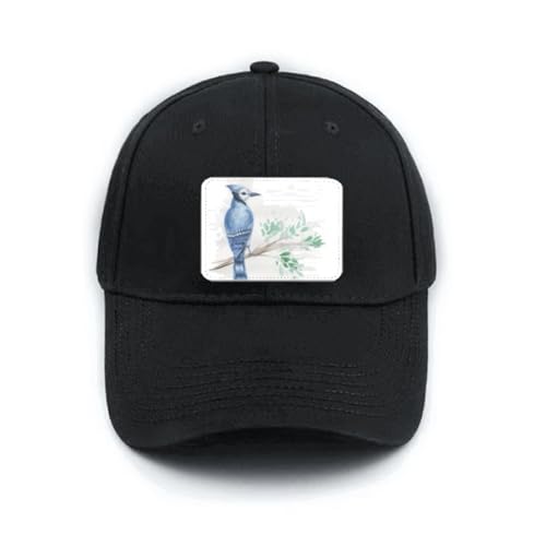 Casquette de baseball noire style art déco et motif branche bleu perroquet