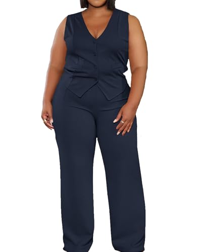Womens Plus Size Two Piece Outfits Summer Fashion Button V Neck Crop Vest Blazer and Wide Leg Pants Suit Matching Sets Navy Blue 5X