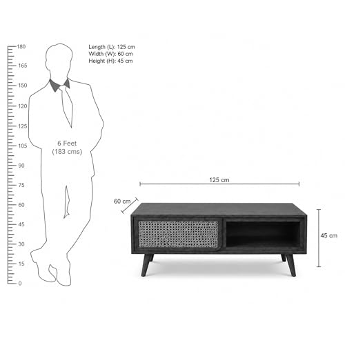 Image of The Attic INES Coffee Table for Living Room, Solid Wood Centre Table with Cane with Sliding Doors, Natural Finish