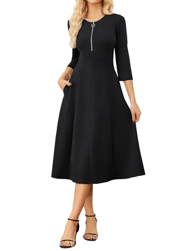 Rockabilly Kleider Damen A-Linie 3/4-Ärmel Midi Kleid Herbst Damen Mit Tasche Festliches Kleider Business Outfit Schwarz XXL