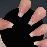 24Pcs French Medium Coffin Press on Nails White Glossy Glitter V Design Acrylic False Nails Full Cover Artificial Fake Fingernails Tips Kit for Women and Girls Manicure