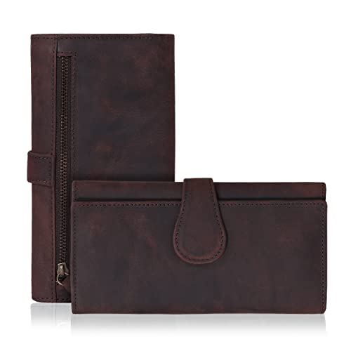 Image of Real Leather Women Wallet Leather with RFID Blocking -Trifold Card Holder Designer Ladies Clutch with ID Window Wallets (Dark Brown)
