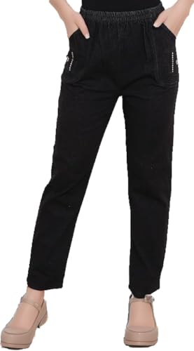 Cherry Berry Mom Jeans for Women Full Length High Waisted Stretchy Trousers Elasticated Waist Comfy Straight Fit Casual Pants Cotton Blend Jeggings Black 16