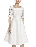 halblange Spitzenärmel APART Elegantes Damen Kleid, Brautkleid, Spitzenkleid, mit Satin, halblange Ärmel, Quarrée-Kragen, glockiger Rock, Taillenband, Creme, 36