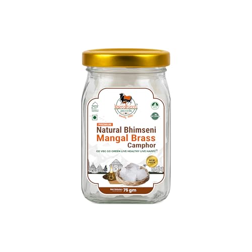 Image of Lab Tested Natural Bhimseni Mangal Brass Camphor | 100% Pure Organic Solid Kapoor for Electric Diffuser, Pooja, Havan, Aarti, Aromatherapy | Premium Glass Jar (75gm Pack of 1)