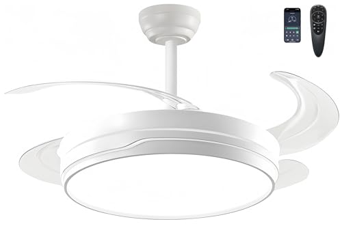 LEDUNI ® Ventilador techo con luz 84W Ventilador Invisible Ultra Silencioso con Mando a Distancia y Palas Retráctiles Interiores Plafón lluminación función verano-invierno (Blanco)