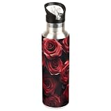QIANDODUO Red Roses Flower 20 oz Insulated Water Bottle with Straw Lid Leakproof Stainless Steel Water Flask Bottle, Sports Water Bottle for Travel Sport Gym Outdoor