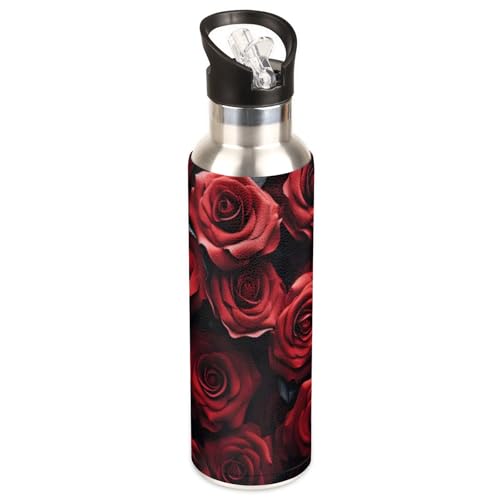 QIANDODUO Red Roses Flower 20 oz Insulated Water Bottle with Straw Lid Leakproof Stainless Steel Water Flask Bottle, Sports Water Bottle for Travel Sport Gym Outdoor