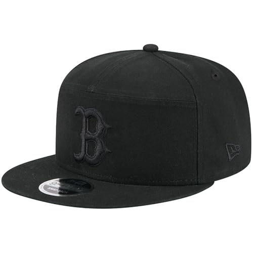 New Era 9FIFTY Black on Black Split Panel Cotton Canvas Snapback Cap, Hat (US, Alpha, One Size, Black Black, Boston Red Sox)