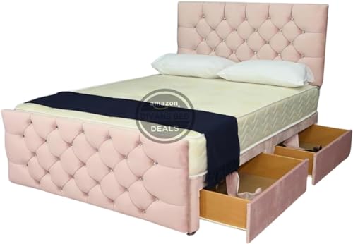 Pink Plush Velvet Divan Bed Frame with 26 inches Chesterfield headboard & Footboard| Divan Bed Frame with 10 inches thick Spring Memory Foam Mattress and 2 Side Storage Drawers (5FT King Size)