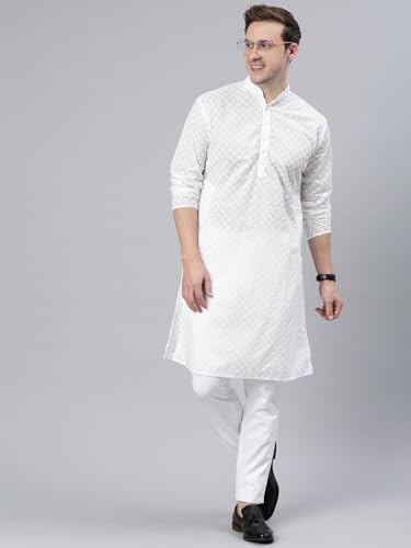 Image of Majestic Man Men's Cotton Blend Regular Fit Casual Polyester Mandarin Collar Ethnic Motifs Embroidered Long Regular Kurta