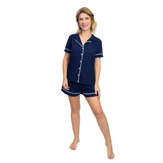 Pijama Algodão Feminino Curto Americano Manga Curta com Botões Verão Adulto indicado Gestante Amamentação e Pós cirúgico - Azul Marinho (BR, Alfa, 3G, Regular, Regular, Marinho)