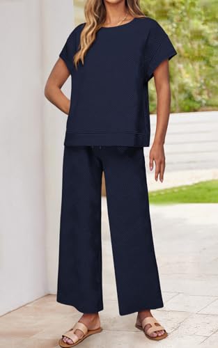 Image of PRETTYGARDEN 2 Piece Outfits For Women Casual Tracksuit Short Sleeve Tops And Wide Leg Long Pants Matching Lounge Sets
