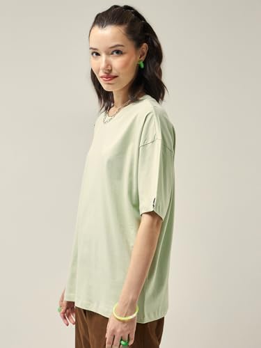 Image of Bewakoof Women's Solid Oversized Fit Half Sleeve Round Neck Cotton Jersey T-Shirt
