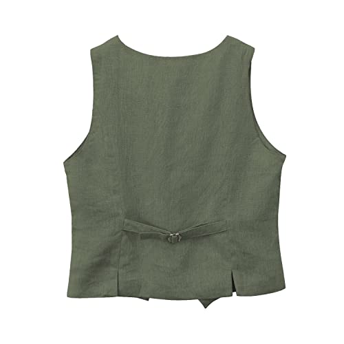 Amazhiyu Womens Pure Linen Sleeveless Button Down V Neck Crop Top Summer Vest Waistcoat (Kombu Green, X-Small)2