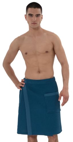 SEYANTE Mens Organic Waffle Spa Wrap GOTS Certified 100% Turkish Cotton Adjustable Closure Same-Color Piping Deep Aqua Blue Size L/XL
