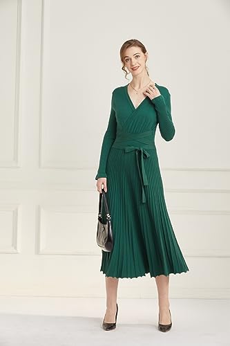 Image of Women's Long Knit Crewneck Sweater Dress Tie Waist A-Line Swing Pleated Bodycon