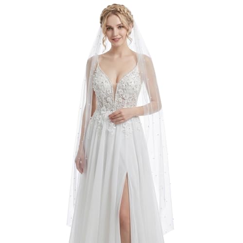MAOFENG 1.5m 1 Tier Wedding Veil Pearls and Crystals Beaded Edge Fingertip Length Bridal Veil for Wedding Party photography Fashion Show