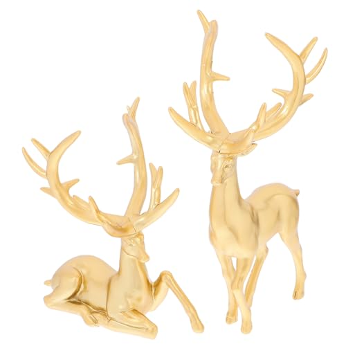 DEARMAMY 2 Piezas Escultura de Renos de Resina Dorada para Decoración Interior Navideña Elegante Resistente para Sala Dormitorio Oficina con Diseño Creativo y Acabado Detallado