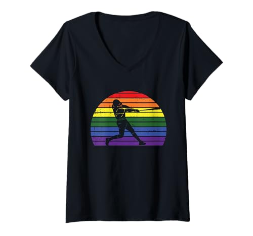 Donna Baseball Player LGBT-Q Retro Gay Pride Flag Sport Fan Ally Maglietta con Collo a V