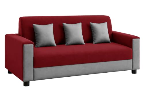 Image of 3 Seater Wooden Sofa | Velvet Fabric Couch with Cushions | Comfortable Living Room Sofa | Sturdy Wooden Frame | Home & Office Furniture | Red & Grey