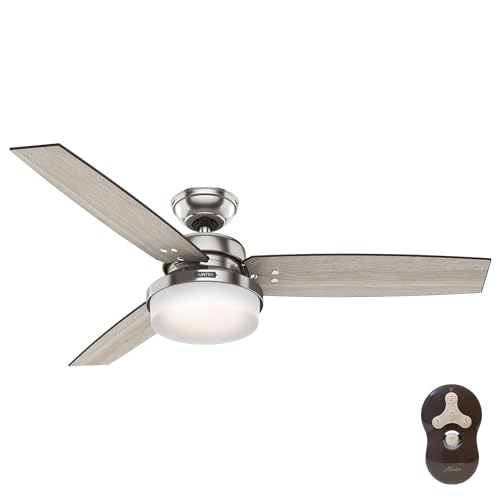 Hunter 52 inch Indoor Ceiling Fan with LED Light and Remote Control - Standard Mount Ceiling Fan, 3 Blades, For Bedroom, Living Room, or Kitchen - Sentinel 59157, Brushed Nickel