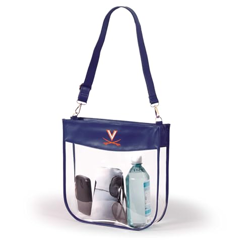 Desden Bolsa transparente para estádio da Universidade da Virgínia, azul marinho e vinil transparente, grande 30 x 30 x 7,6 cm, bolsa aprovada para estádio com fecho de zíper, alça de ombro ajustável