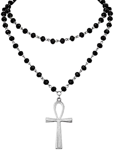 Sacina Layered Black Ankh Cross Choker, Beaded Choker, Gothic Emo Punk Grunge Necklace, Goth Jewelry, Halloween Christmas Jewelry Gift for Women