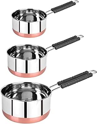 Stainless Steel Copper Bottom Saucepans with lids, Flat Base Sauce Pan, Tea Pan, Milk Pan, Tapeli Patila, Sauce Pot Cookware with lids Combo Set of 3